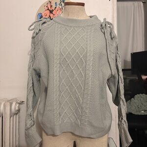 Cable Knit Sweater with Tie-Up Sleeves Detail - Light Gray Size Small